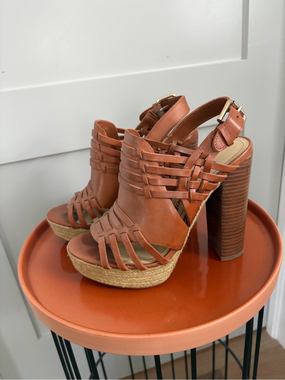 Women's Tan Leather Woven Fisherman Platform Heeled Sandals